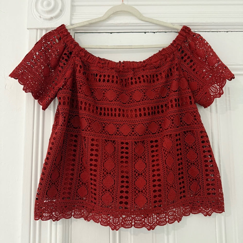 Anthropologie Sunday in Brooklyn Brick Red Lace Off-Shoulder Blouse - Picture 3 of 10
